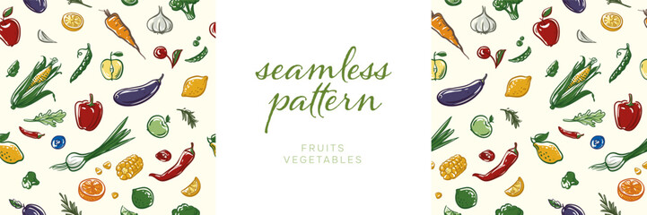 Seamless background of vegetables and fruits for design and vegetarian menu