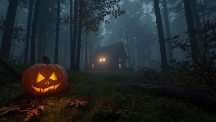 A glowing jack o lantern in a spooky forest with a haunted house in the background on a foggy night