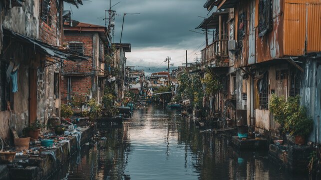 Waterway community with aged structures, reflecting daily life in a less privileged neighborhood under a gloomy sky. Houses line the flooded street.