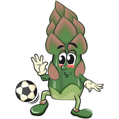 cute asparagus cartoon mascot character vector illustration play football or soccer, work of hand drawn