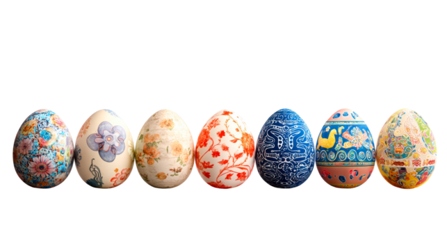Collection of seven intricately decorated Easter eggs in a row on a white background, cut out transparent