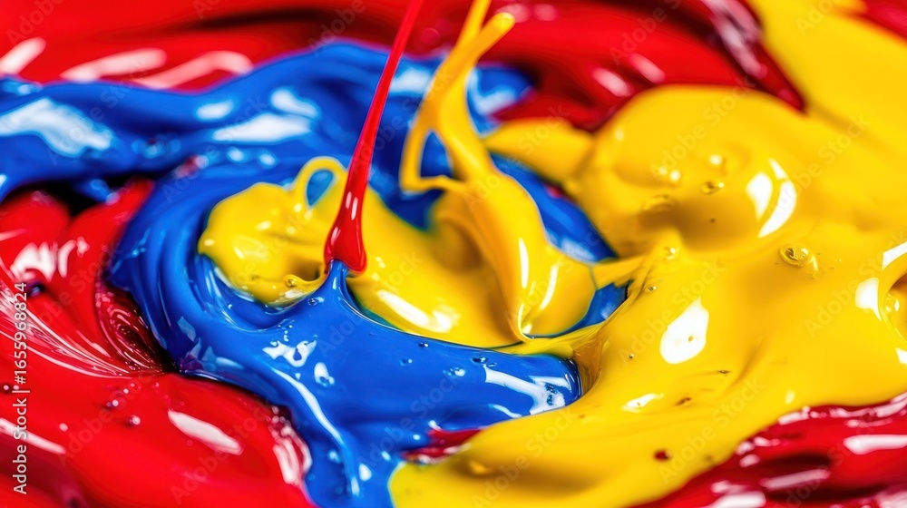 Poster Close-up of vibrant primary color paint mixing and creating abstract patterns resulting in a
