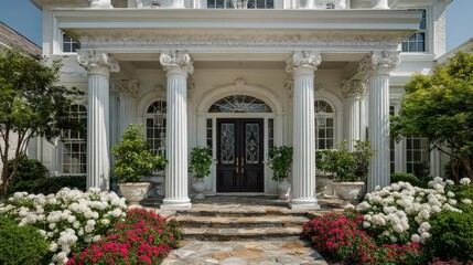 Fototapeta premium A grand white Anglo Romanesque style house with an ornate entrance featuring four decorative columns supporting a canopy