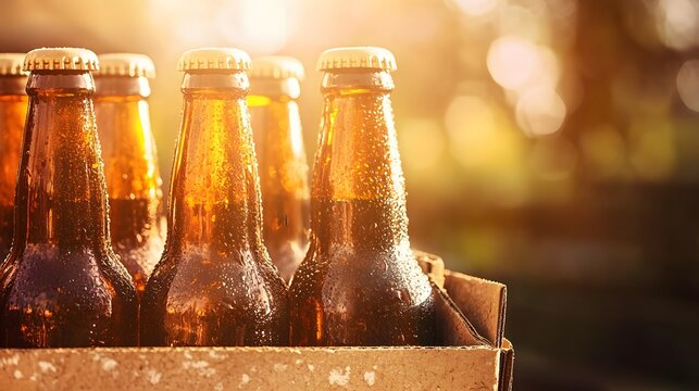 Six Brown Beer Bottles in Cardboard Carrier under Warm Sunlight perfect for brewery advertising, beverage packaging design, bar promotions and craft beer festival marketing - Powered by Adobe
