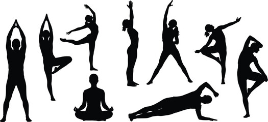 Yoga poses and exercises, silhouette collection, fitness and wellness, meditation and stretching, healthy lifestyle, physical activity, body balance, flexibility, calm