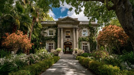 Obraz premium Elegant neoclassical residential building with grand steps, tall columns,