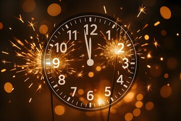 Fototapeta premium Festive New Year's Eve clock at nearly midnight with sparklers and bokeh light effects setting a celebratory atmosphere.