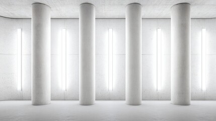A minimalist interior with symmetrical design features vertical cylindrical columns in monochromatic white and grey tone