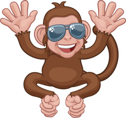 A monkey cool cute happy cartoon character animal wearing sunglasses waving with both hands