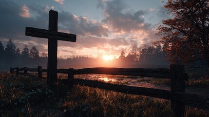 Sunset over a tranquil landscape, a rustic wooden cross stands by a fence