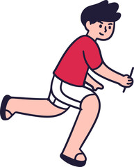 A young boy in a red t-shirt and white shorts is depicted in a dynamic running pose, holding a thin stick or wand in his right hand.