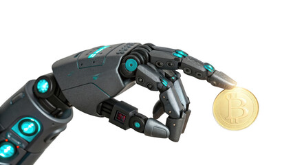 Robotic hand holding a gold bitcoin cryptocurrency coin isolated on transparent background