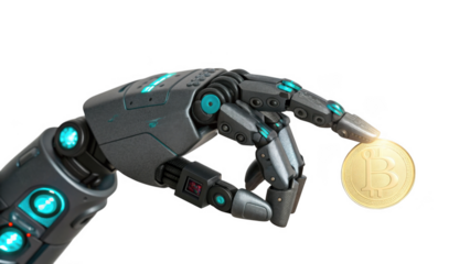 Robotic hand holding a gold bitcoin cryptocurrency coin isolated on transparent background