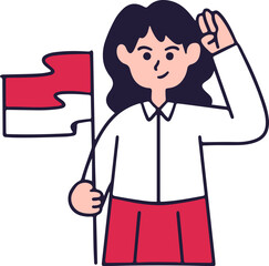 A smiling girl salutes while holding a flag of Indonesia, celebrating patriotism.