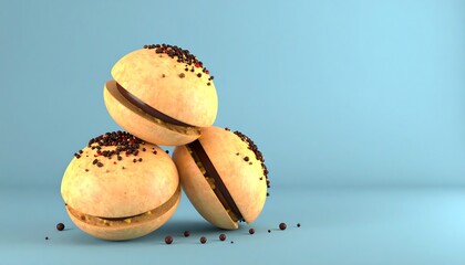 Stacked spherical sandwiches with chocolate filling and colorful sprinkles on a light blue background