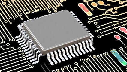 Close-up of a gray computer chip on a circuit board