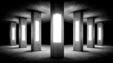 Fototapeta premium Monochromatic interior with concrete pillars and rough wood flooring, stark lighting creates geometric contrasts,