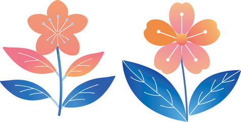 Fototapeta premium Vibrant watercolor illustrations of two stylized flowers with orange petals and blue leaves Art & Illustration