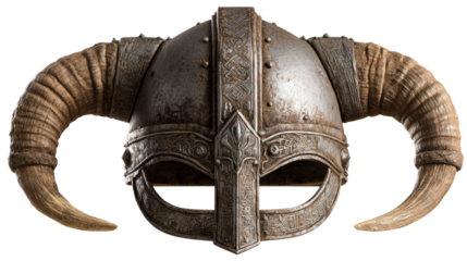 Detailed View of a Rusted Metal Helmet with Ram Horns, cut out transparent