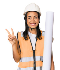 Young Filipino female architect showing number two with fingers.