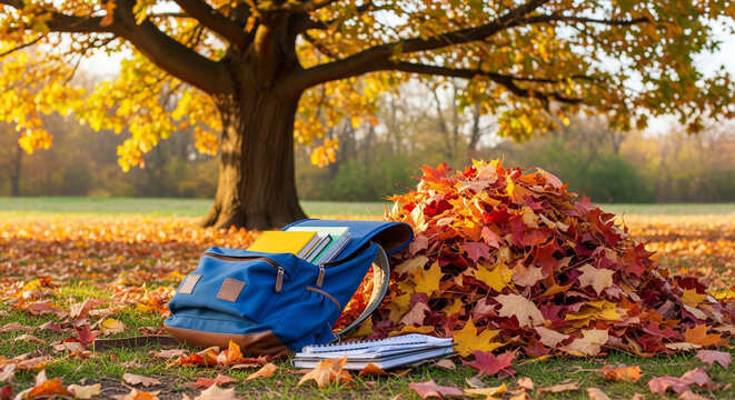 Autumn school backpack by tree with books and leaves
