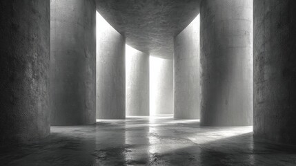 Futuristic architecture with tall cylindrical columns under a high arching roof, dramatic light and shadow patterns,