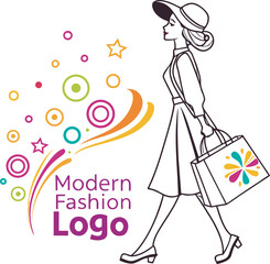 Chic woman striding confidently with shopping bag amidst colorful abstract design elements Art & Illustration