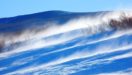 Snowy mountain slopes, strong wind