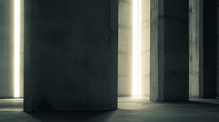 Obraz premium Abstract architectural interior with tall dark concrete pillars casting heavy shadows,