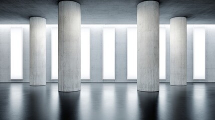 Modern interior with large concrete columns, smooth texture, minimalist design, monochromatic scheme, soft white light,