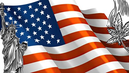 American flag with Statue of Liberty and cannabis leaf