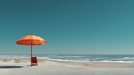 Minimalist summer beach scene with lone umbrella on wide sand area, empty foreground for creative design, perfect for vacation, travel, sunbathing or leisure lifestyle concepts.