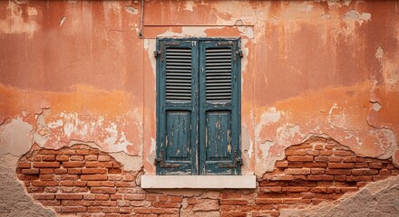 Distressed Facade with Weathered Shutters Capturing the Essence of Timeless European Architecture and Old World Charm