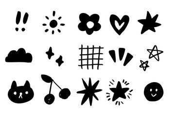 モノクロ手描き落書きアイコンセット — 黒一色のシンプルでかわいい太陽・星・ハート・猫・雲など16種