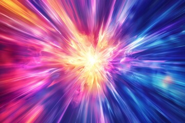 Obraz premium Dynamic vibrant background with explosion of colorful light rays in blue, purple, red, pink, and orange creating radiant burst of energy and passion for creative design
