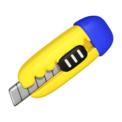 A 3D rendering of a yellow and blue box cutter with a segmented silver blade.