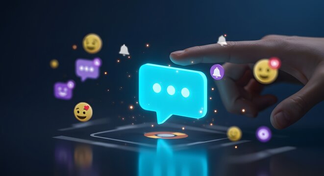 A hand touches a glowing blue chat bubble surrounded by emojis and notification bells on a dark blue background.