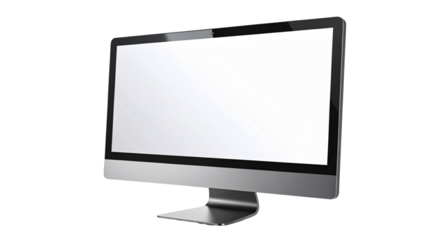 Desktop computer monitor with thin bezels, blank screen, isolated on transparent background, high-tech display.