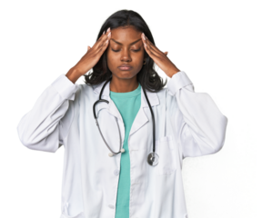 Young Indian doctor with stethoscope touching temples and having headache.