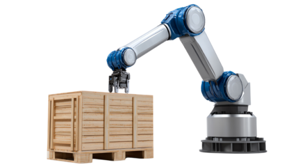 Industrial robotic arm handling a wooden crate, efficient automation in modern manufacturing.