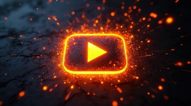 Fiery youtube play button surrounded by explosive sparks - Powered by Adobe