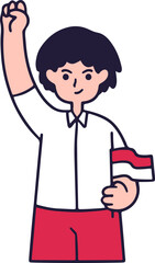 A young person proudly raises a fist while holding the Indonesian flag.