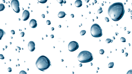Close-up of various sized blue liquid droplets suspended against a white background, cut out transparent