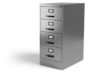 Metal file cabinet isolated on white background, office storage furniture with drawers for documents and folders, organization and archiving system, workplace equipment for business and administration
