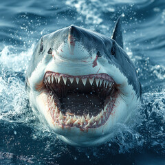 Fototapeta premium Great white shark with open mouth in water.
