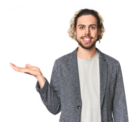 Young businessman in casual blazer showing a copy space on a palm and holding another hand on waist.