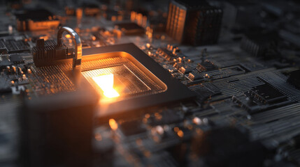 nano lock emerging from microprocessor socket micro perspective dramatic lighting illustration concept scene visual for commercial design use high detail quality stock image illustration concept scene
