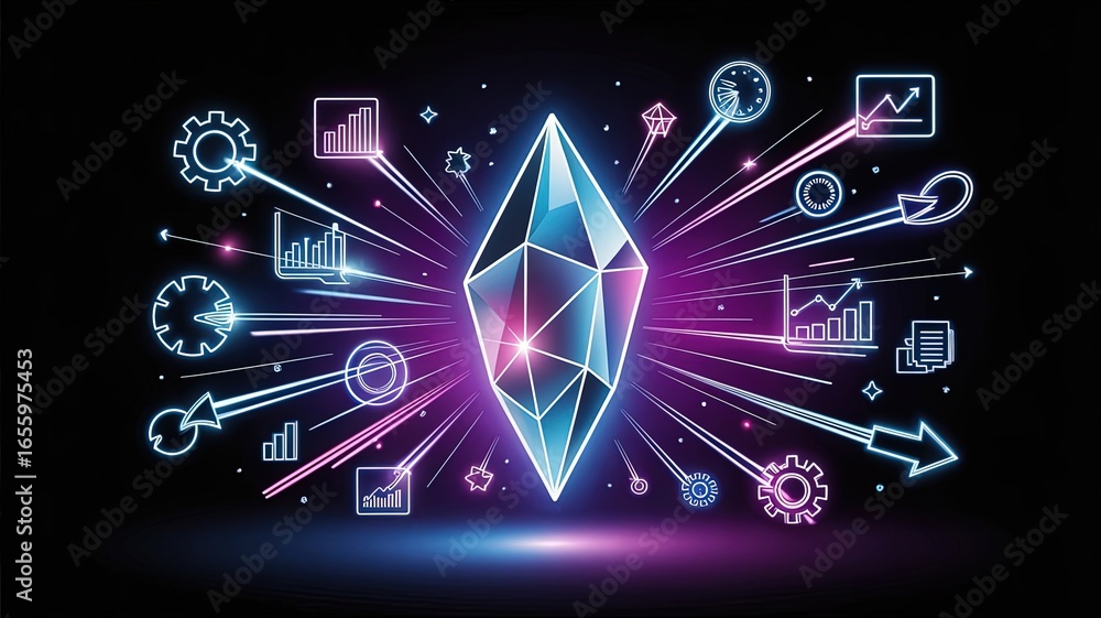 Poster digital crystal fusion: a captivating illustration showcases a glowing crystal at the heart of intri