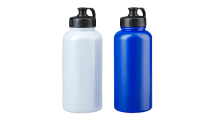 Two water bottles, one white and one blue, with black lids, on a white isolated background.
