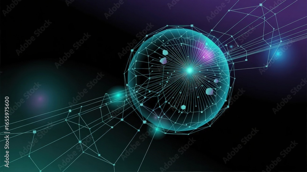 Poster digital universe exploration: an abstract illustration of a luminous sphere, interconnected by a web